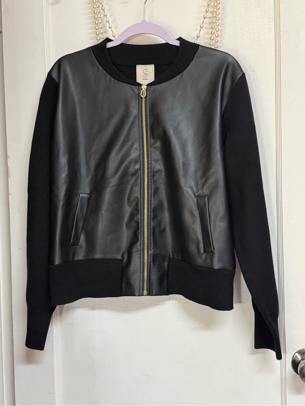 Sioni Black Faux Leather Front Bomber Jacket XL
